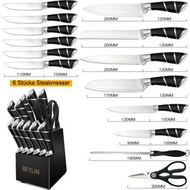 Knife Set, Kitchen Knife Set with Block, 15 Pcs High Carbon Stainless Steel Knife Set,Kitchen Knife Set,Chef Knife,Santoku knife,Steak Knives, Ergonomically Handle