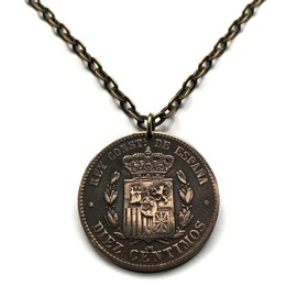 1878 Spain España 10 Centimo coin pendant escudo Español Spanish crown Madrid Barcelona Sevilla Zaragoza Toledo Cadiz Córdoba Malaga Asturias Cataluña Ibiza Castile Leon Aragon Navarre Granada n000368