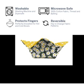 Microwavable Bowl Cozy in a White Daisy and Polka Dot Fabric Print by Sewuseful Studios LLC