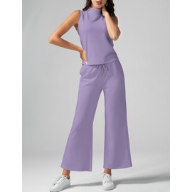 Casly Lamiit Women's 2 Piece Outfits Sleeveless Turtle Neck Top Comfy Crop Pants Lounge Sets Summer Travel Vacation Dressy Outfits Fashion Two Piece Co Ord Set Tracksuit Light Purple S