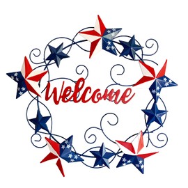 Metal Wall Hanging Wreath with Stars and Stripes, 4th of July Outdoor Rustic Americana Front Door Wreath 4th of July Outdoor Hanging Ornament Wall Decor Patriotic Welcome Sign,