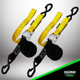 Rhino USA Motorcycle Tie Down Straps (Yellow 2-Pack) Lab Tested 3,328lb Break Strength, Steel Cambuckle Tiedown Set with Integrated Soft Loops - Better Than Ratchet Strap
