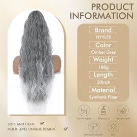 HYYLFS Claw Clip in Ponytail Extension 30 Inch Long Wave Curly Pony Tail Hair Extensions for Women fluffy Natural Looking Synthetic Hairpiece for Daily Use(Omber Grey, 30Inch)