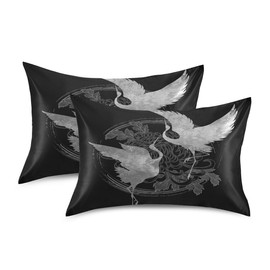 Vintage Asian Japanese Crane Floral Satin Pillowcase Silk Pillow Case for Hair and Skin Pillow Covers with Envelope Closure,Standard Size 20x26 Inch