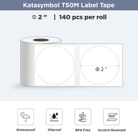 SUPVAN T50M Series Label Maker Tape, 8 Rolls Round Size Φ 2'' 140 Labels/Roll Genuine Laminated Thermal Label Tape Refill, Waterproof Oilproof Highly Adhesive Auto Detect Labels, Black on White