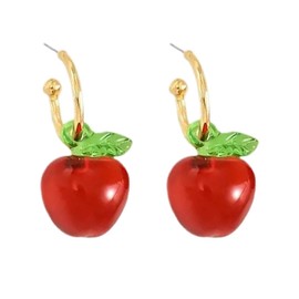 Red Fruit Drop Dangle Earrings for Women Gold Plated Acrylic Cute Funny 3D Apple Open Half Hoop Earrings Green Leaf Dangling Studs Hypoallergenic Christmas Fall Holiday Jewelry