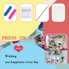 Christmas Press on Nails Medium Square Cartoon False Nails Cute Deer Santa Claus Fake Nails with Design Winter Artificial Nails Medium Acrylic Glue on Nails Press ons Xmas Stick on Nails for Women