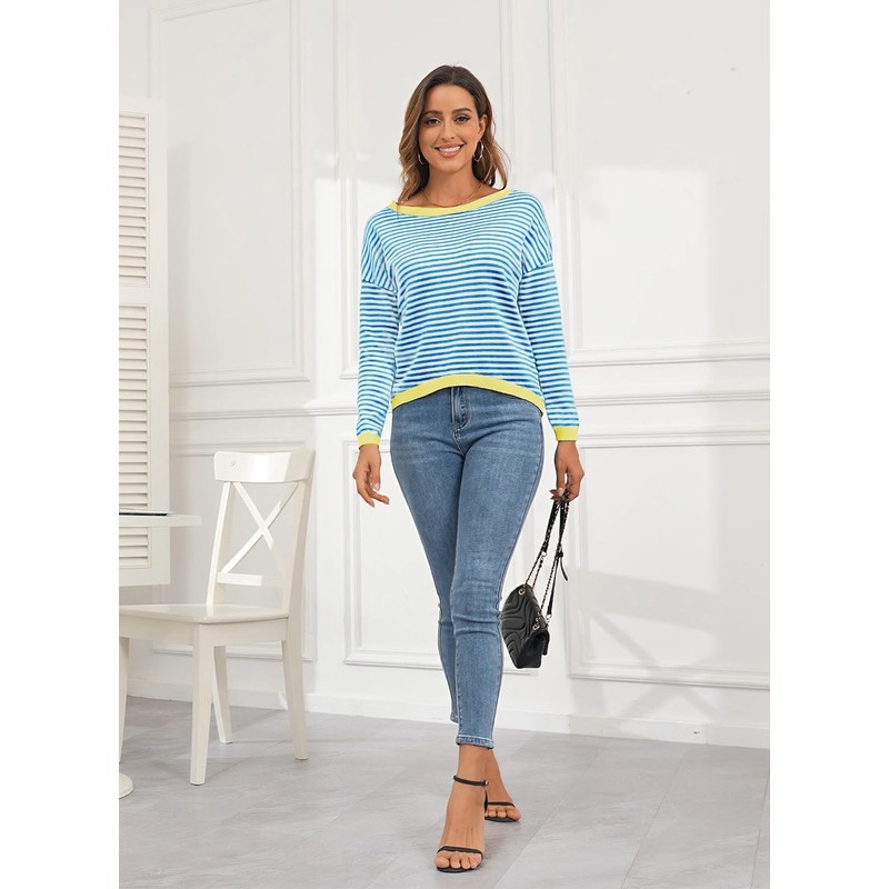 DUOEASE Women's Striped Knitted Pullover Long Sleeve Autumn Crew Neck