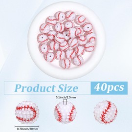 PONABEADIY 1 Box 40PCS Round Baseball Beads with Large Holes Acrylic Resin Rhinestone Bubblegum Sports Theme Spacer Loose Hair Ball Bead Bulk for Jewelry Making Necklace Bracelet DIY Craft Supply