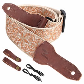 Nefelibata Banjo Strap 2" Wide Full Grain Leather Jacquard Embroidered Adjustable Replacement Guitar Strap, Yellow Floral Embroidery