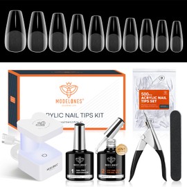modelones Nail Tips and Glue Gel Kit 500 Pieces Nail Tips Gel Nail X Extension Set Glue Gel Nail Kit, 4 in 1 Nail Glue Full Cover Nail Tips Press on Naisl Art