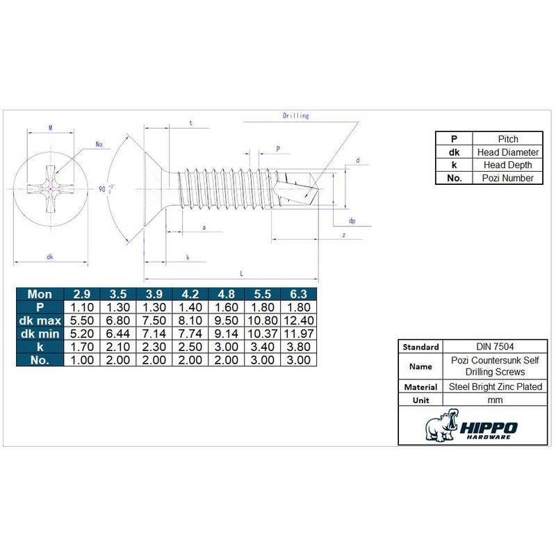 Hippo Hardware (6.3mm X 25mm) Self Drilling Countersunk Tek Zinc