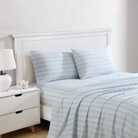 Nautica - Sheets, Cotton Percale Bedding Set with Matching Pillowcases, Crisp & Cool, Deep Pocket (Camp Stripe Blue, Full)