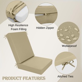 idee-home Outdoor Patio Dining Chair Cushion, High Back Density Foam Chair Seat Cushions with Removable Cover, Weather Resistant Indoor Deep, 42" W x 21" L x 3" T, 1 Count Antique Beige