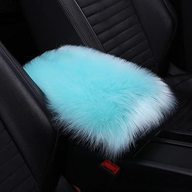 8sanlione Center Console Cushion Pad/Cover, 11.4"x7.4" Furry Armrest Cover for Cars, Vehicles, SUVs, Premium Sheepskin Wool, Car Interior Accessories for Women (Blue)