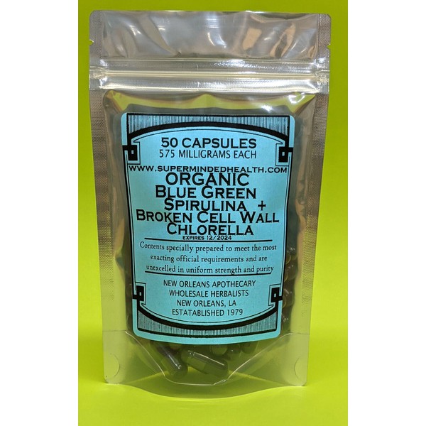 Organic Blue Green Spirulina & Broken Cell Wall Chlorella(50 Capsules-575 mg ea)