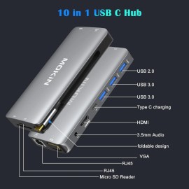 USB-C Hub 10-in-1 Multiport Adapter w/ HDMI VGA Ethernet USB SD PD