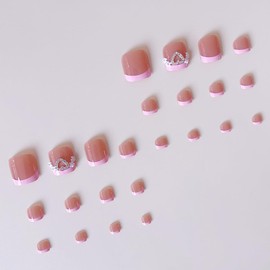 24Pcs Pink French Press on Toe Nails Short QUNQINLI Fake Toenails with 3D Heart Flowers Design Nude False Toe Nails Summer Glue on Toenails Glossy Stick on Toe Nails Kit for Women
