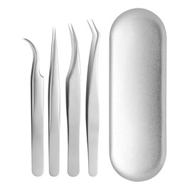 Tweezers for Eyelash Extensions, Dedicated Tweezers for Eyelash Extensions, Eyelash Tweezers, Stainless Steel, Specialized Precision Viewer, Straight/Tip Bend, Silver, 4 Pieces G4