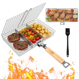 Fish Grill Basket for Outdoor Grill, Stainless Steel ，Removable Wooden Handle, Locking Grill Basket for Fish, Shrimp & Vegetables, Portable Camping BBQ Accessories for Charcoal Grill, Backyard BBQ, Cookout & Tailgating