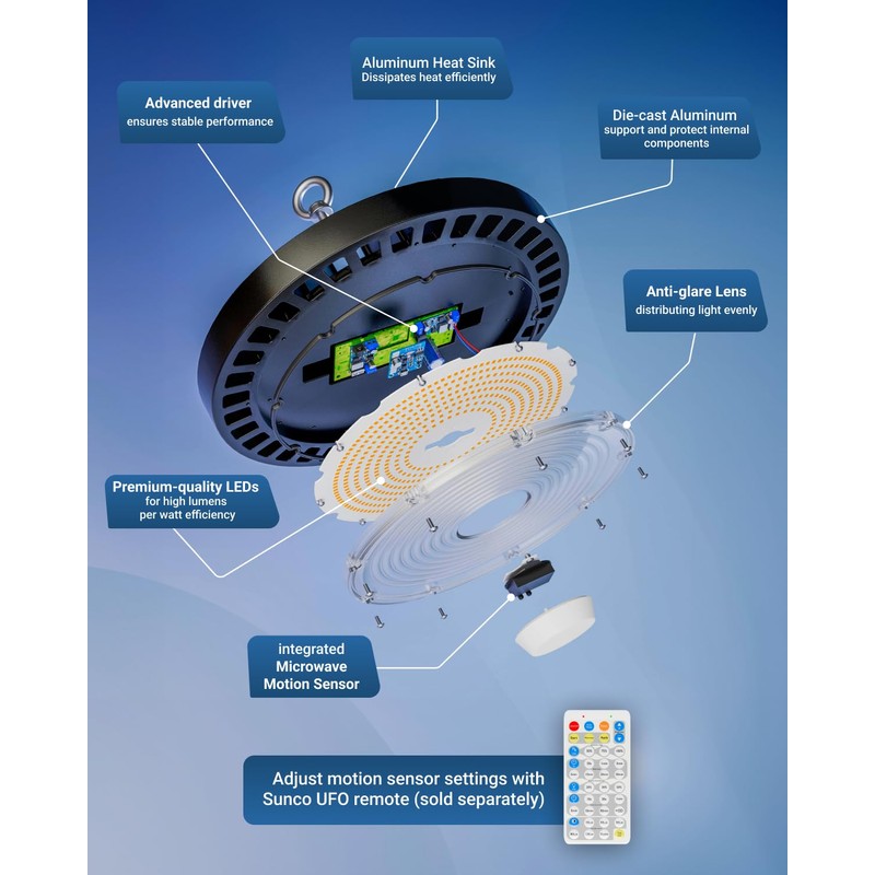 Sunco High Bay LED Shop Light with Motion Sensor, for
