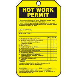Accuform TCS361CTP Hot Work Status Tag, Legend"HOT Work Permit (Checklist)", 5.75" Length x 3.25" Width x 0.010" Thickness, PF-Cardstock, Black on Yellow (Pack of 25)