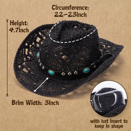 Urradia Black Straw Cowboy Hat Womens Cowboy Hats Western Cowgirl Hats for Men with Decorative Bands & Plastic Hat Shaper Insert Wide Brim Vintage Men Woven Sun Hat for Travel Beach Festival Party