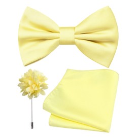 Branduce Light Yellow Bow Tie for Men Wedding Solid Satin Silk Bowties Pocket Square and Lapel Pin Brooch Set (BB07-11)