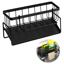 FL HUA Sink Organiser, Sponge Holder Kitchen Black with Drain Tray and Towel Holder, Removable, Sink Organiser for Kitchen, Bathroom, Laundry Room, Pantry