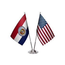 American & State Flag Desk Set – 6 x 9” Premium Satin Table Flags with Heavy Chrome Stand, Non-Tip Base – USA & State Mini Flags for Office or Decor (Missouri)