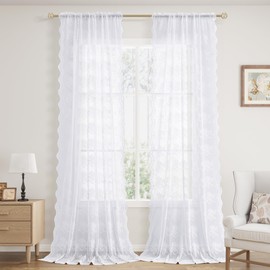 White Sheer Floral Curtains 102 Inches Long 2 Panels Vintage Voile Lace Sheer Curtains Farmhouse Boho Textured Flower Chic Rod Pocket Privacy Window Treatment Pair Decor Drapes for Living Room 52X102