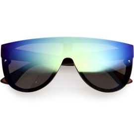 zeroUV - Modern Fashion Flat Top Flash Mirror Shield Plastic Aviator Sunglasses (Blue Mirror)