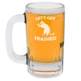 12oz Beer Mug Stein Glass Let's Get Trashed Raccoon Funny