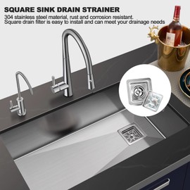 QruiLanTu 3-1/2 ‘’ Square Kitchen Sink Drain Assembly Kit 304 Stainless Steel Sink Strainer Drain Basket Replacement with Sink Stopper Sealing Lid for Kitchen Bathroom Drain Kit