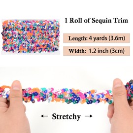 Elastic Sequin Trim, 1.2 Inch 3 Row Multicolored Flat Glitter Paillette Sequin Ribbon, Metallic Stretch Sequin Strip Sewing DIY Projects, 4 Yards