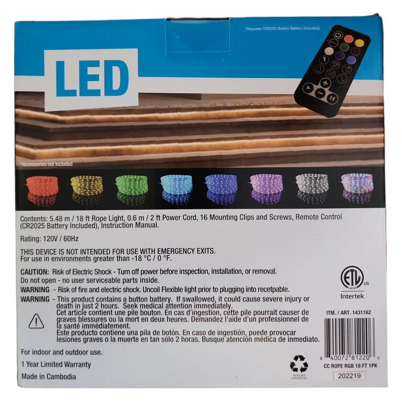 LED Color Changing 18ft 180 LEDs 8 Color Settings Rope