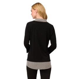 Adrianna Papell Women's Print 3/4 Sleeve Open V-Neck Knit Twofer, Black w/Black/Ivory Small Stripe