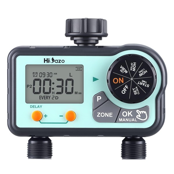 HiOazo Sprinkler Timer, Water Hose Timer Programmable 6 Plans, Water Timer for Garden Hose Auto/Manual/Rain Delay Mode, Irrigation Timer with Daily/Week/Specific Days Cycle for Yard Lawn Pool 2 Zone