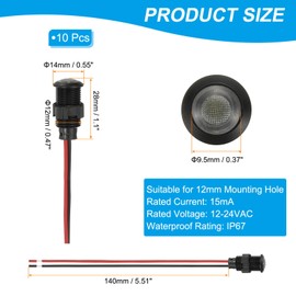 PATIKIL 12mm White Signal Indicator Lights, 10 Pack AC/DC 12-24V Panel Mount Waterproof Warning Lamps for Industrial Electrical Car Motorcycles Boats Directional Dash Light, Black