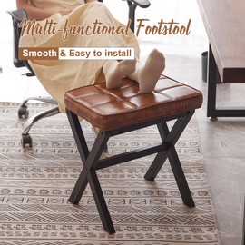 FILWH Foot Stool Small Ottoman Foot Rest Padded Foot Stool Desk Foot Stool For Under Office Desk Vanity Stool Bamboo Footstool Sofa Footrest Shoe Stool Small Foot Stools (Black Legs + Patterned Brown)