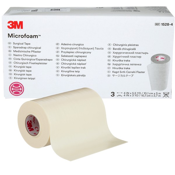 3M™ Microfoam™ Surgical Tape 1528-4, 4 inch x 5 1/2 yard (10cm x 5m) Stretched, 3 Rolls/Box