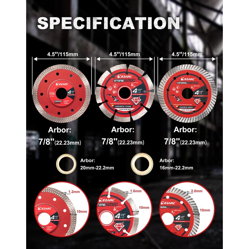 EZARC 4-1/2 inch Diamond Saw Blades for Angle Grinder, 3PCS