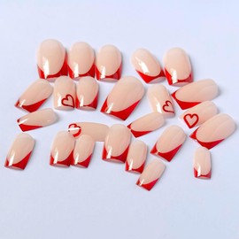 Heart French Tip Press on Nails Short Square Valentine's Day Fake Nails Glossy Almond False Nails Fashion Simple Reusable Full Cover Stick on Nails Acrylic Artificial Nails for Women Nails Decoration