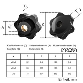ORTAVA Pack of 12 Star Grip Nuts M6, Star Grip Screw Outer Diameter 32 mm, Knurled Screw Female Thread Brass, Star Handle for Furniture, Mechanical, Machine Tools (Black)