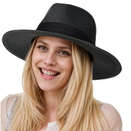 Women Wide Brim Straw Panama Hat Roll Up Summer Fedora Beach Bucket Sun Hat UPF50+ (Black)