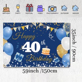 Happy 40th Birthday Backdrop Party Decoration Banner for Men/Women Happy 40 Years Old Fabric Sign Poster, Blue Photography Background 40th Birthday Party Table Decoration, 150 cm x 90 cm