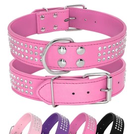 Berry Pet Rhinestones Dog Collar - 1.5" Width Leather Made with Sparkly Crystal Diamonds Studded - Shining Pet Appearance for Medium & Large Dog Walking,15"-18",Hot Pink