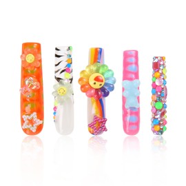 LOVFUL Handmade Press on Nails with Lovkashi Flower Design | Colorful Acrylic Stick On Nails | Reusable Full Cover Nails| 2.16in Long Square | H65 (S)