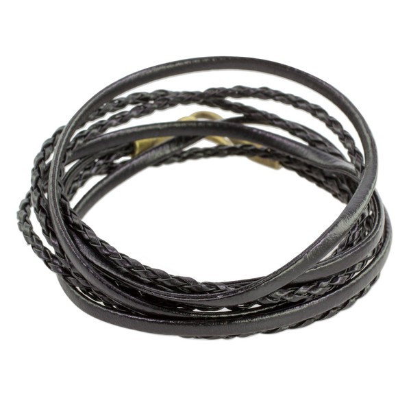 NOVICA Artisan Handmade Leather Wrap Bracelet Braided in Black from