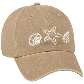 Primitives by Kathy Salty Soul Baseball Cap, Tan with Embroidered Seashells Design, with Adjustable Metal Buckle
